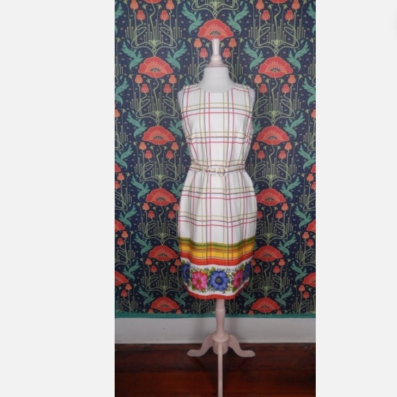 J. Crew Belted Cotton Check Floral Border Print Picnic Preppy Dress Nwt 8 - Picture 3 of 8